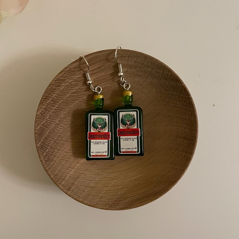 Jägermeister Bottle Dangle Earrings | Novelty Liquor Bar Statement Earrings